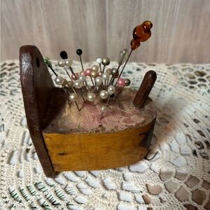 Vintage Wooden Pin Cushion with Assorted Pins
